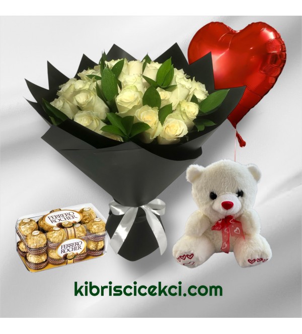 21 Beyaz Gül Buketi Ayıcık 16'lı Ferrero Çikolata Kalp Helyum Balon